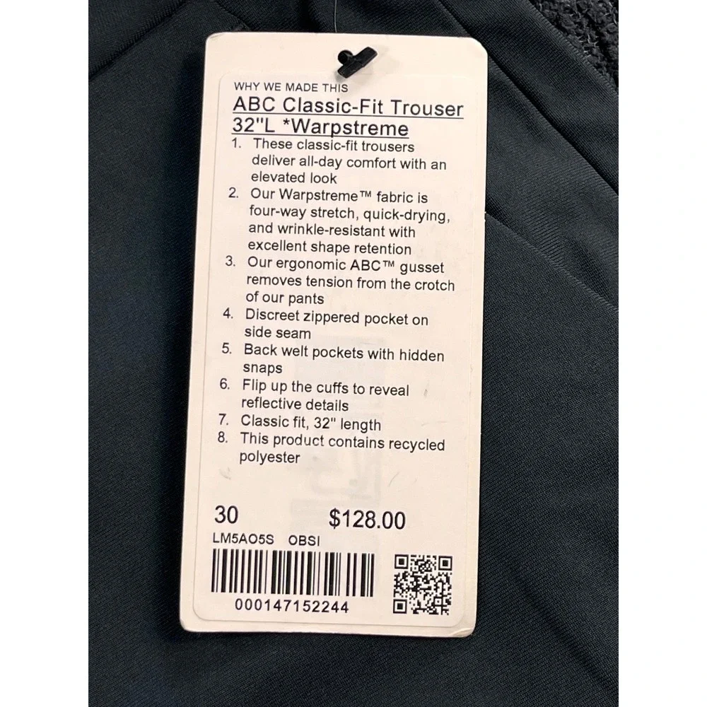 NWT Lululemon ABC Classic Fit Trouser Sz 30x32 Warpstreme Obsidian Gray LM5AO5S